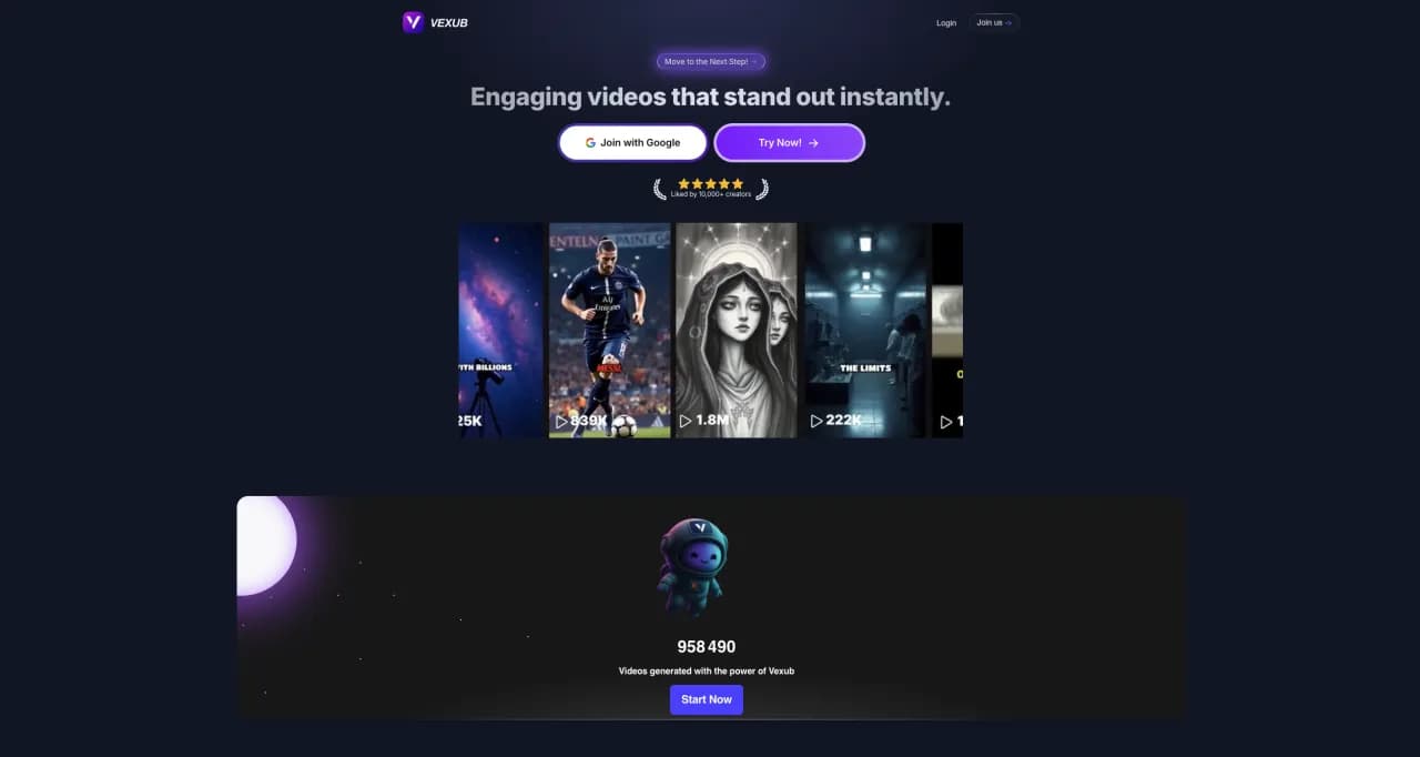 Create short videos in seconds with Vexub AI