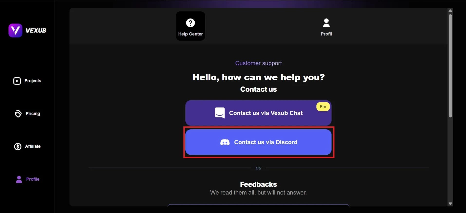Discord platform showcasing how to connect with Vexub support team