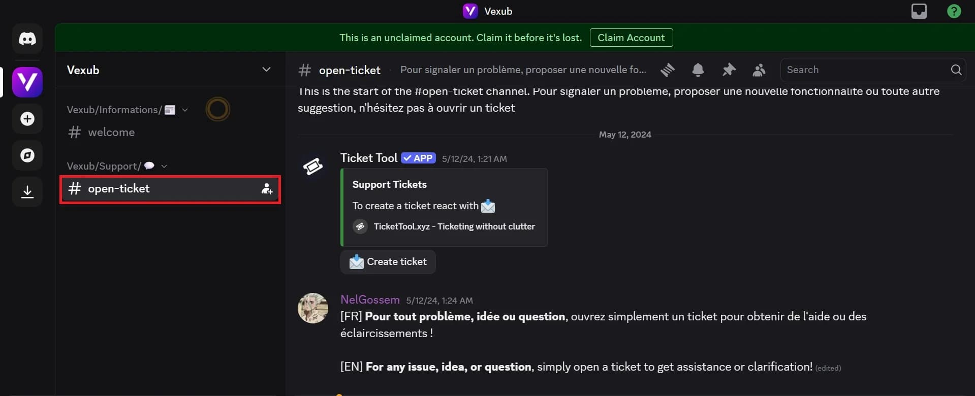 Visual instructions for reaching Vexub support through Discord channel
