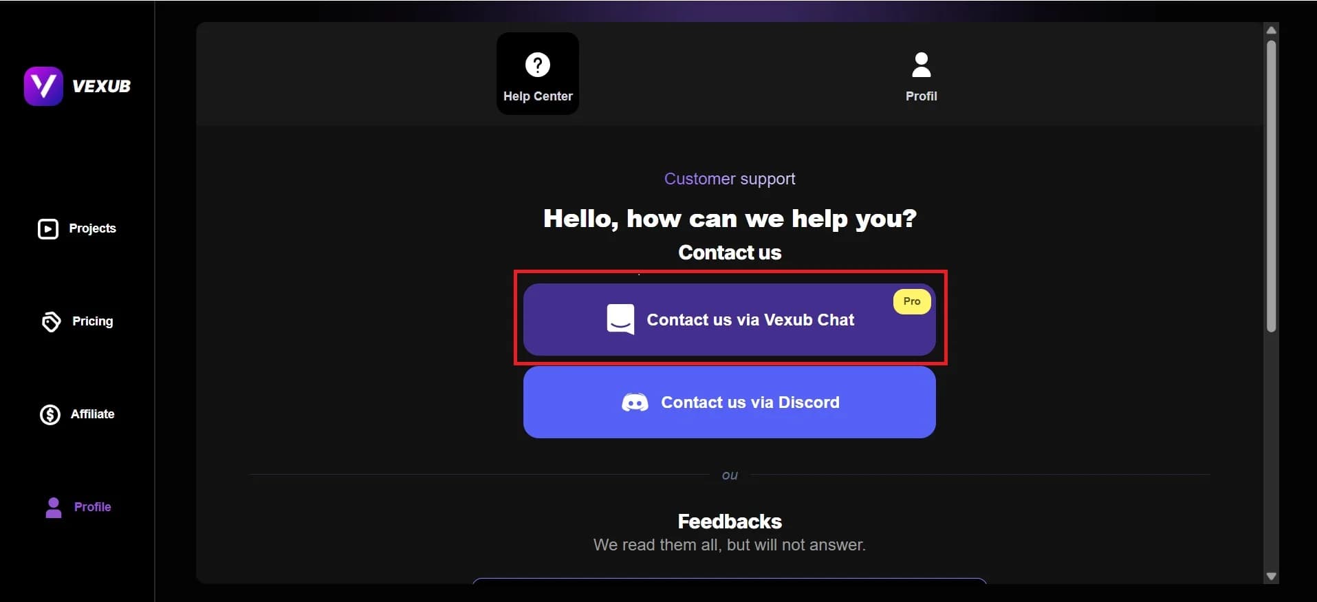 Screens showing how to use Vexub chat for support inquiries