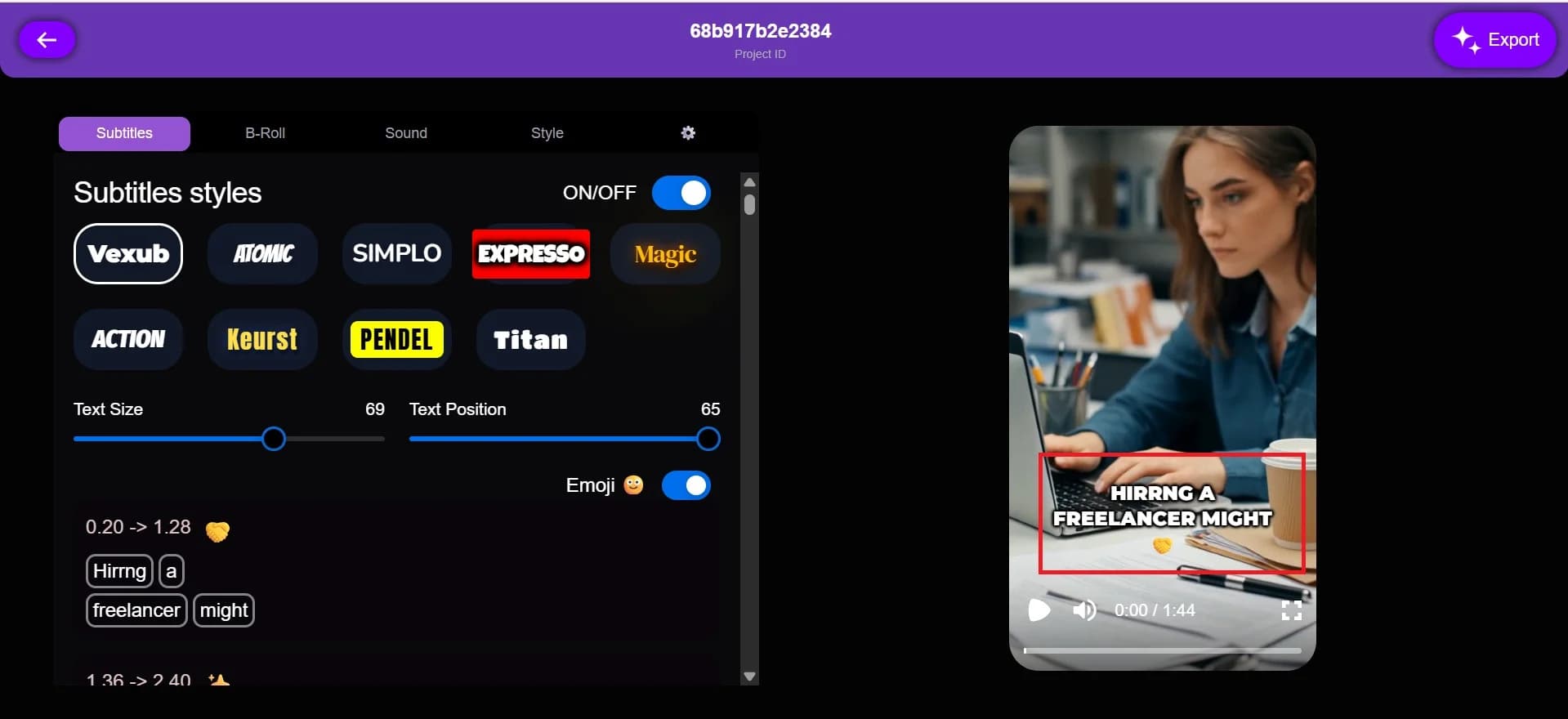 View highlighting subtitles containing errors for correction.