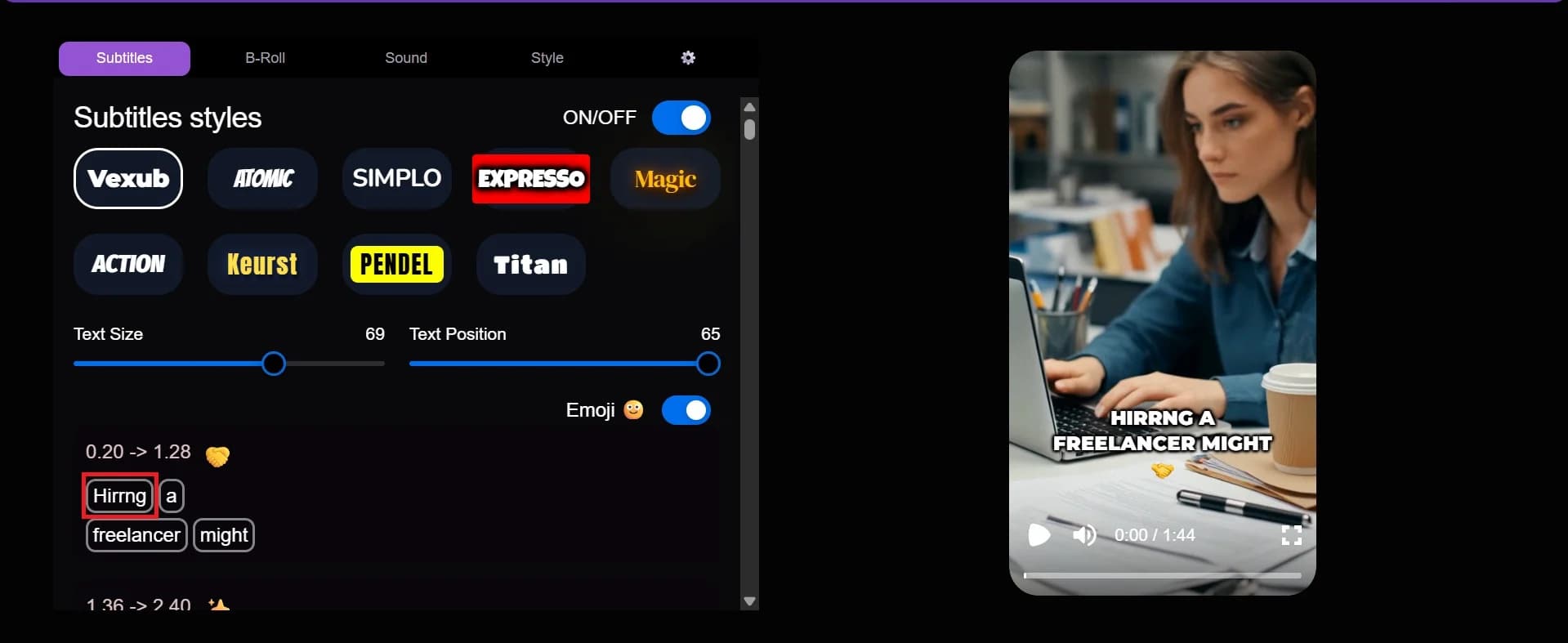 Transcript display showcasing mistakes needing adjustments.
