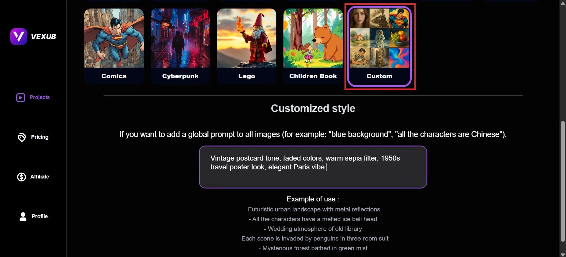 Customized image styles displayed on Vexub's editing interface