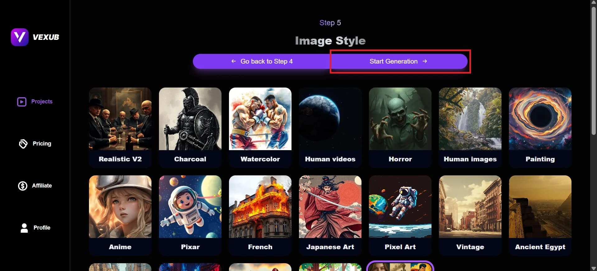 Preview of a generated custom image style using Vexub