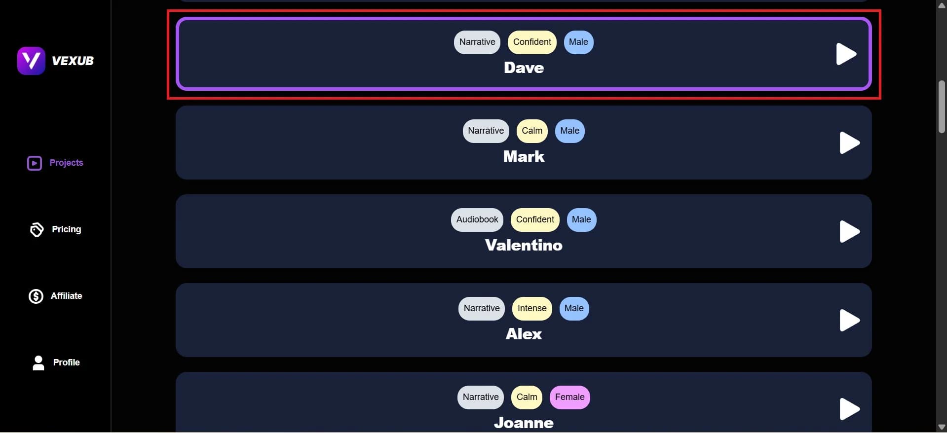 Voice selection menu for customized image style creation.