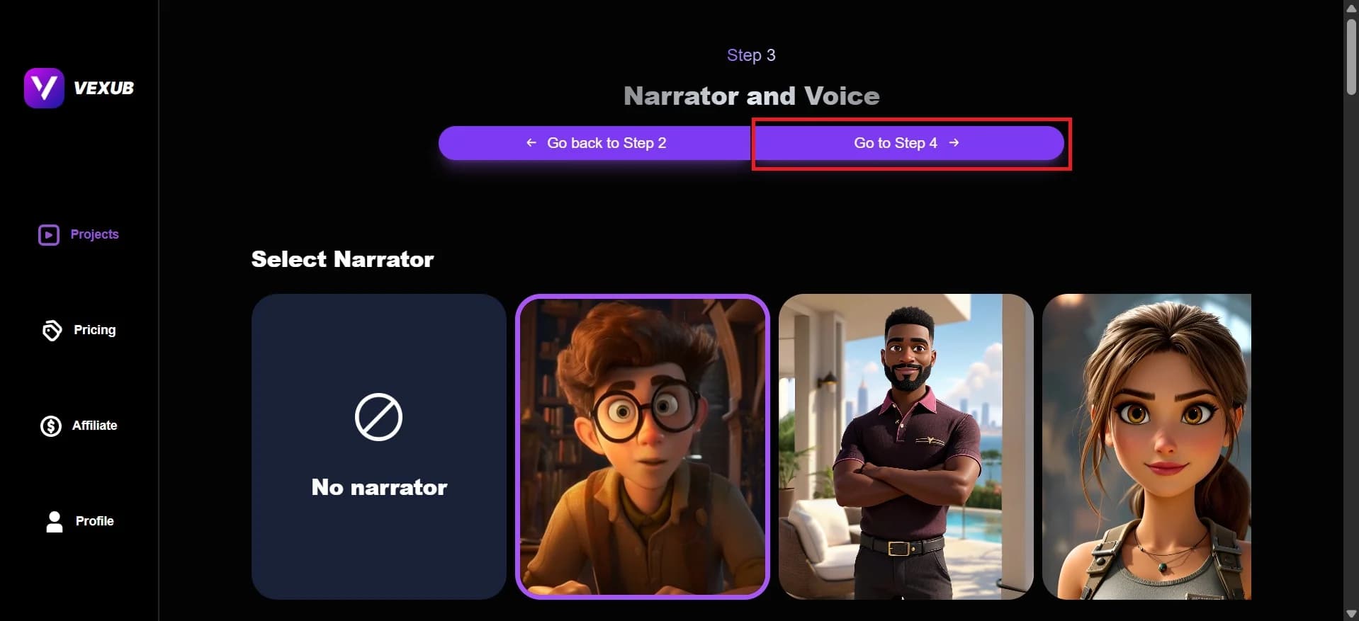 User interface showing various voice options in Vexub.