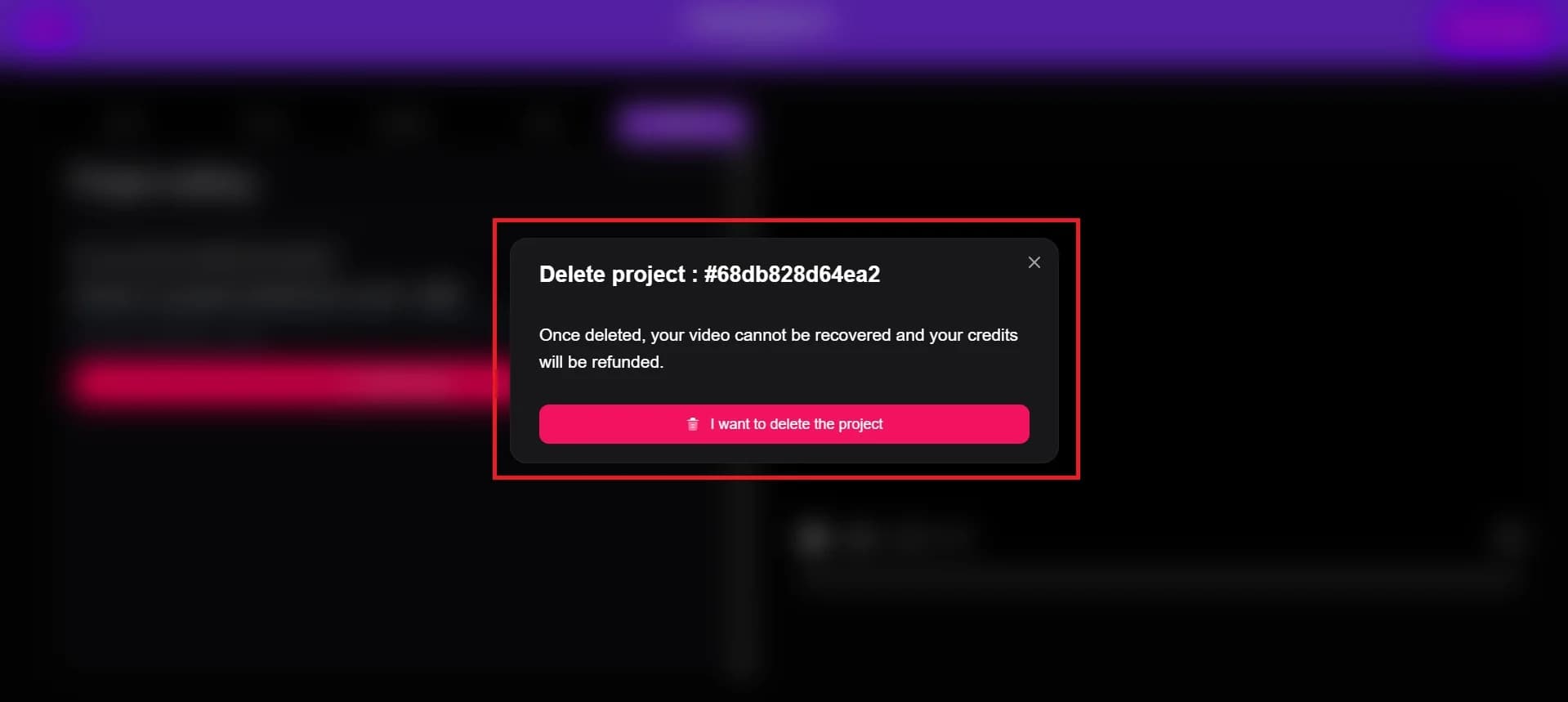 Final confirmation step for deleting a project in Vexub