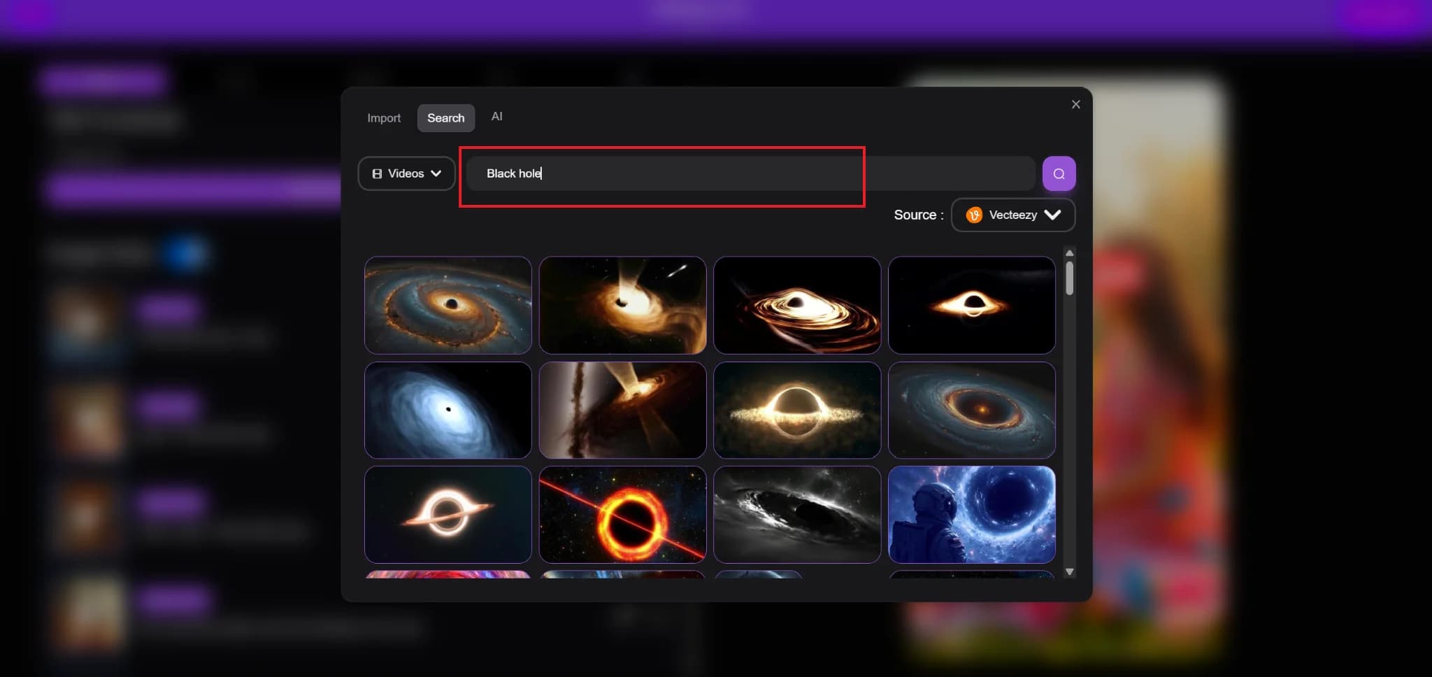 Search results displaying available assets in Vexub